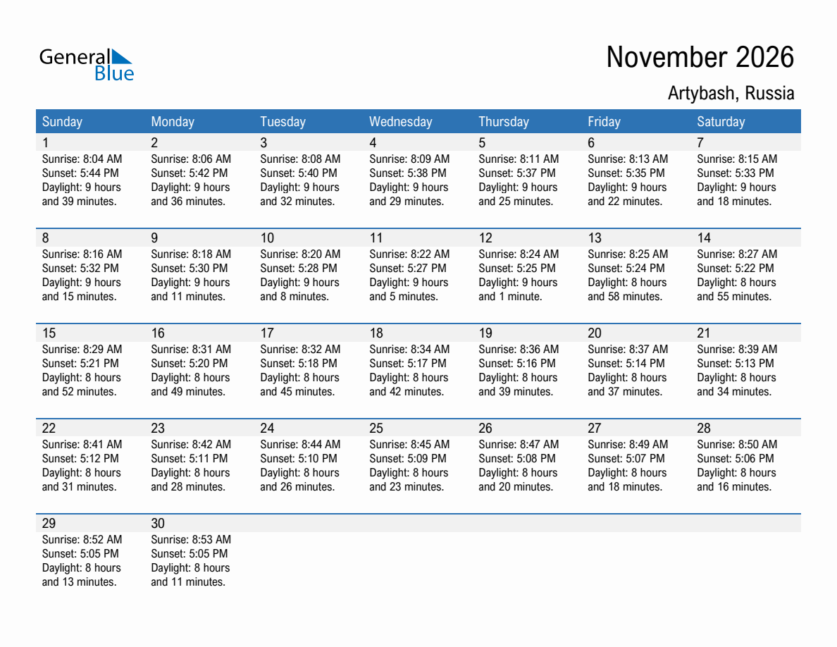 November 2026 sunrise and sunset calendar for Artybash
