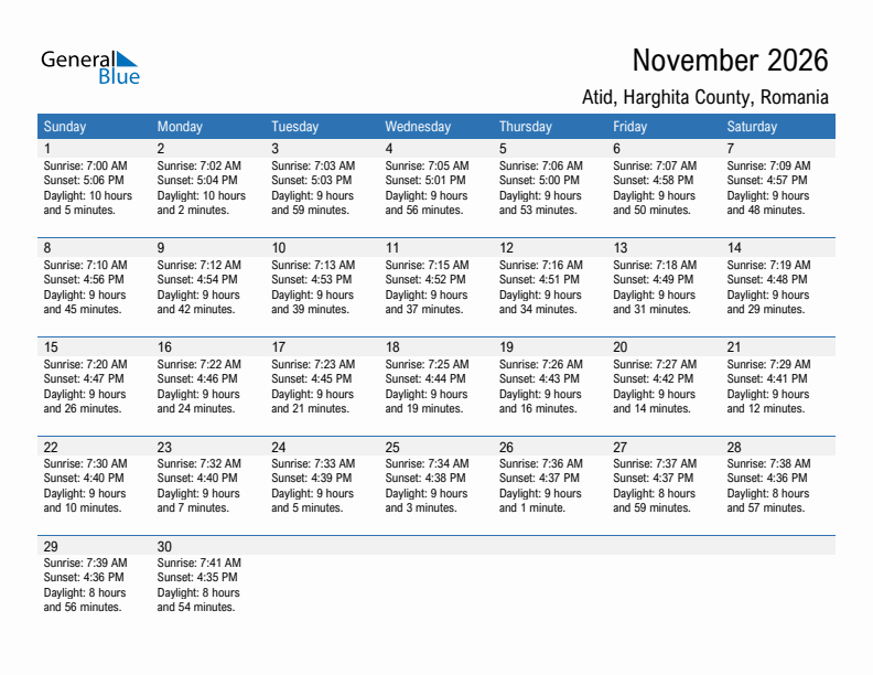 Atid November 2026 sunrise and sunset calendar in PDF, Excel, and Word