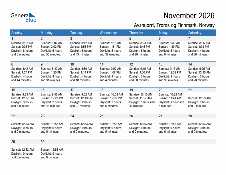 Avanuorri November 2026 sunrise and sunset calendar in PDF, Excel, and Word