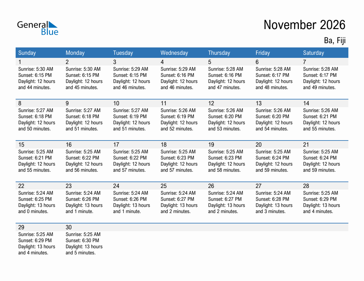November 2026 sunrise and sunset calendar for Ba