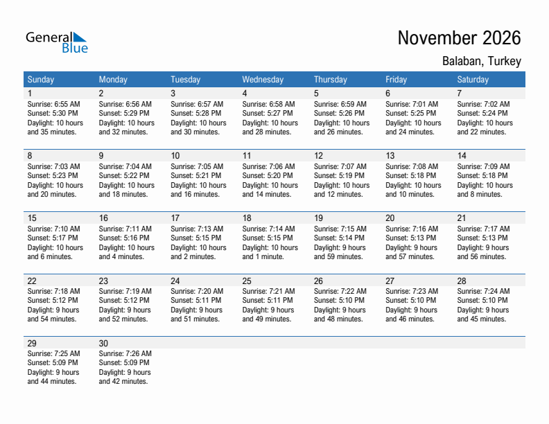 Balaban November 2026 sunrise and sunset calendar in PDF, Excel, and Word