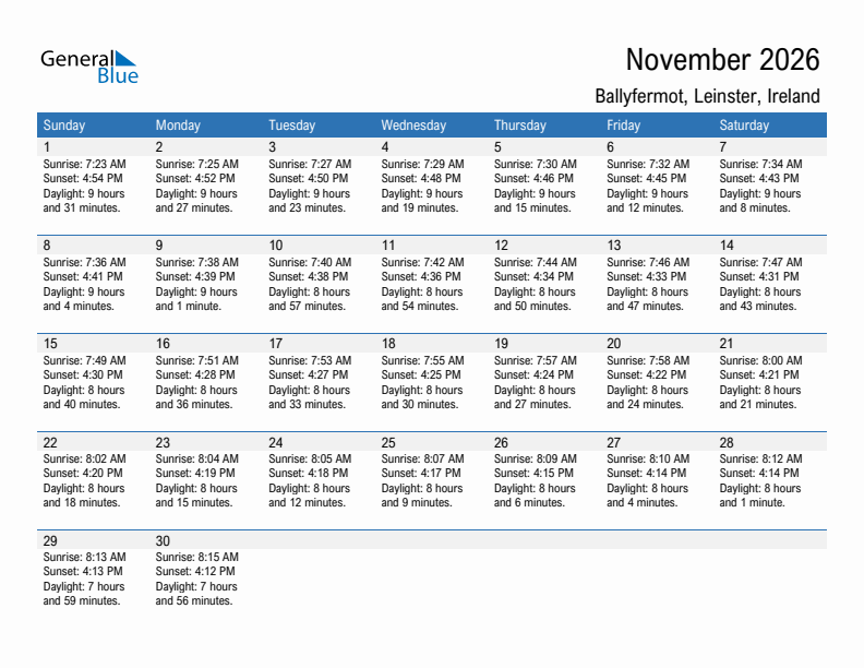 Ballyfermot November 2026 sunrise and sunset calendar in PDF, Excel, and Word