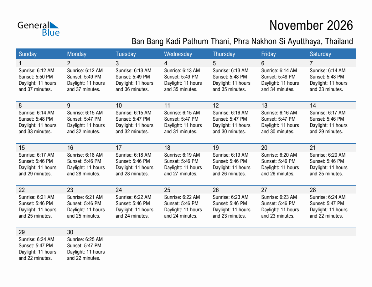 November 2026 sunrise and sunset calendar for Ban Bang Kadi Pathum Thani