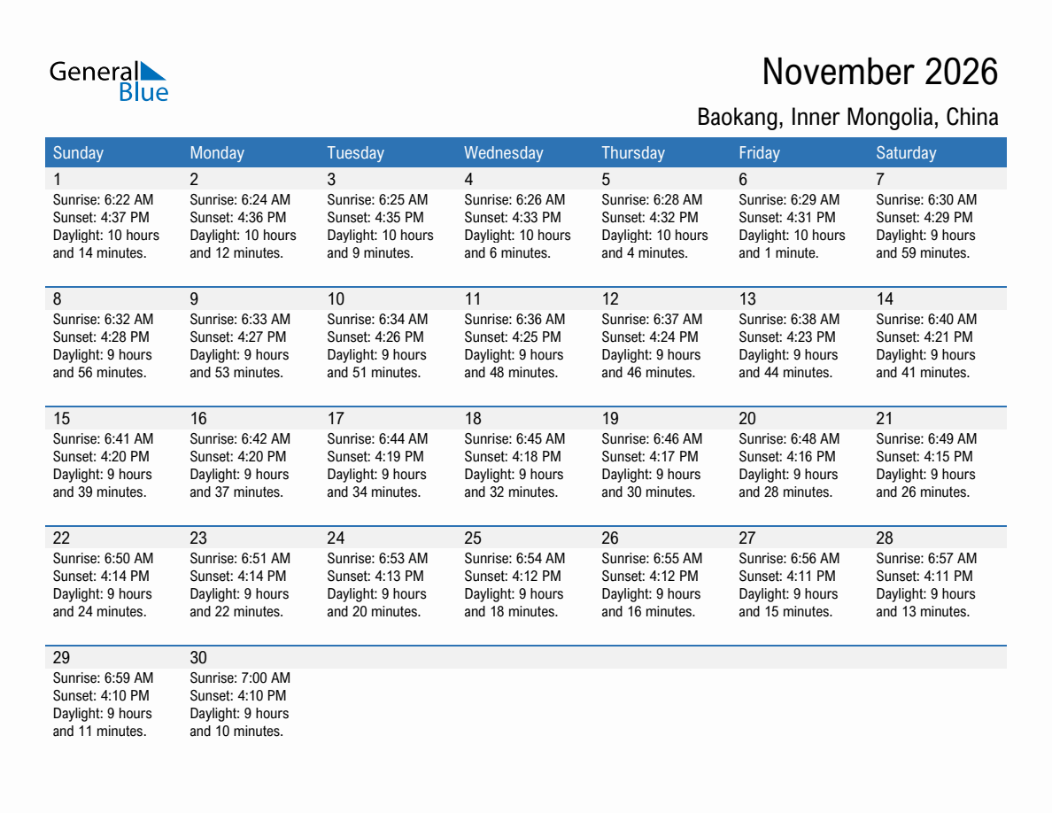 November 2026 sunrise and sunset calendar for Baokang