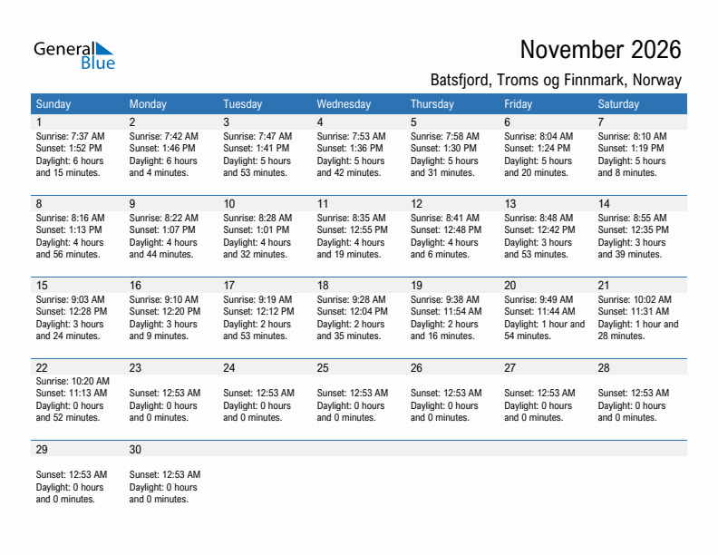 Batsfjord November 2026 sunrise and sunset calendar in PDF, Excel, and Word