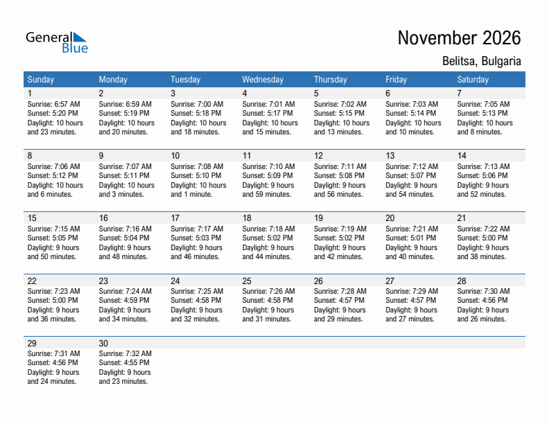 Belitsa November 2026 sunrise and sunset calendar in PDF, Excel, and Word