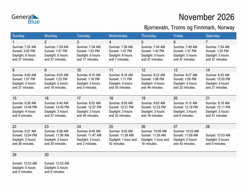 Bjornevatn November 2026 sunrise and sunset calendar in PDF, Excel, and Word