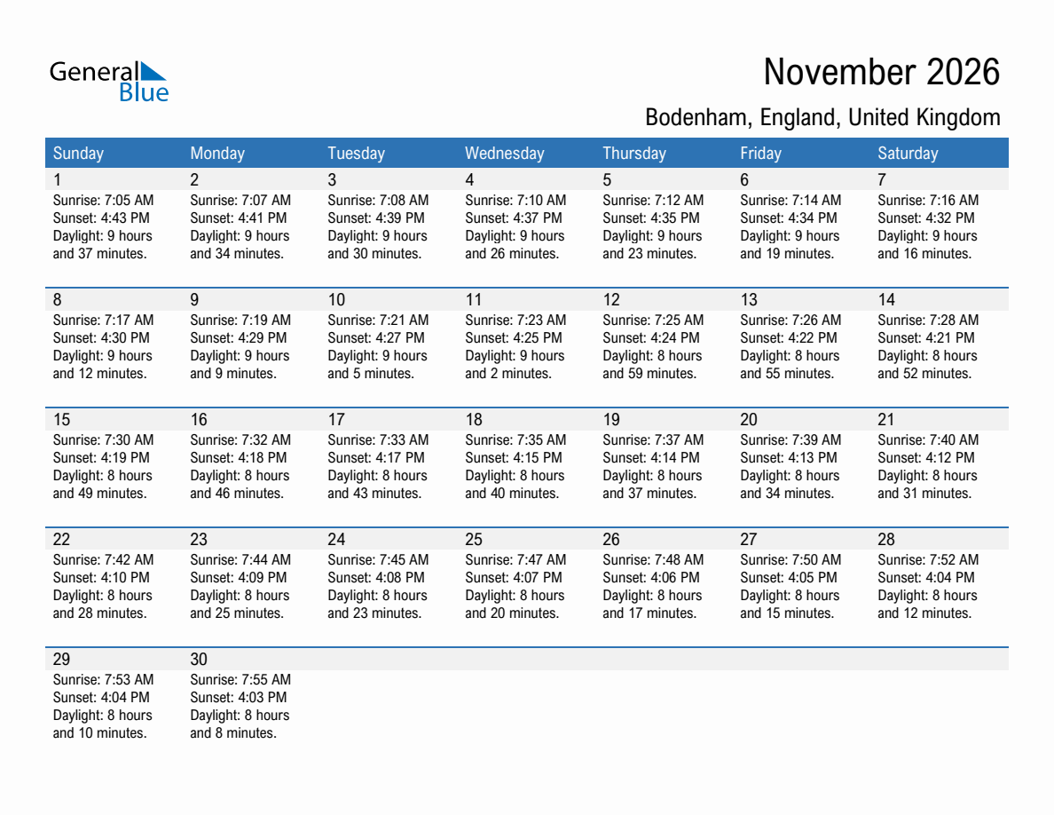 November 2026 sunrise and sunset calendar for Bodenham