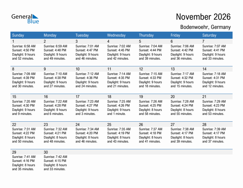Bodenwoehr November 2026 sunrise and sunset calendar in PDF, Excel, and Word