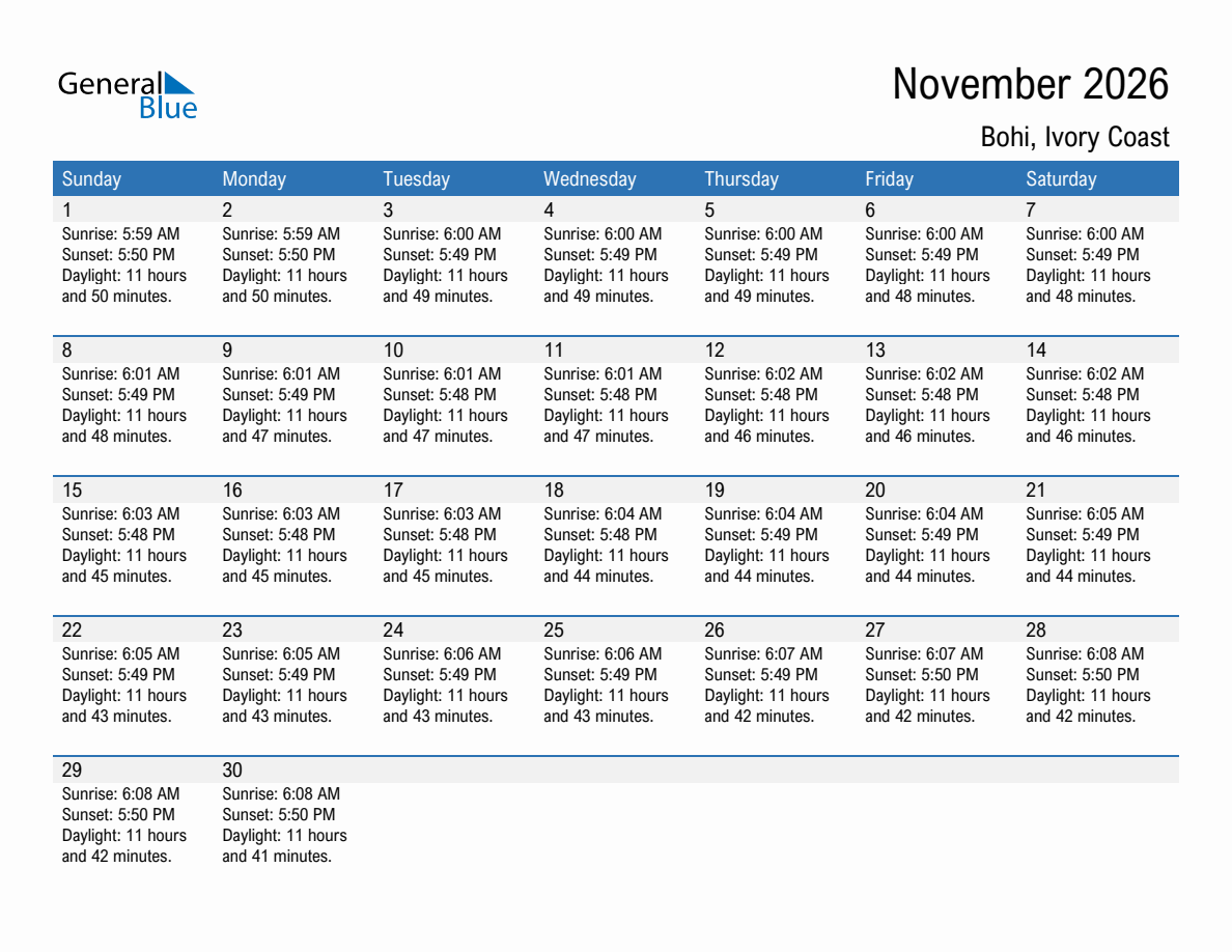 November 2026 sunrise and sunset calendar for Bohi
