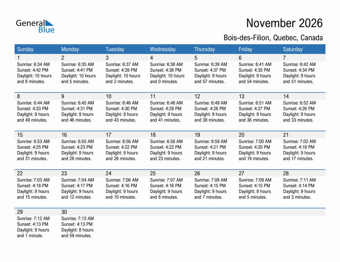 November 2026 sunrise and sunset calendar for Bois-des-Filion
