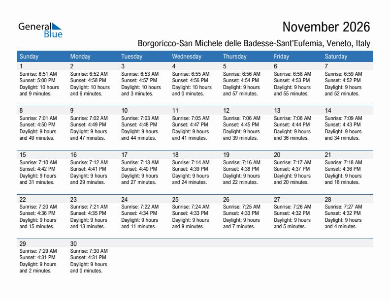 Borgoricco-San Michele delle Badesse-Sant'Eufemia November 2026 sunrise and sunset calendar in PDF, Excel, and Word