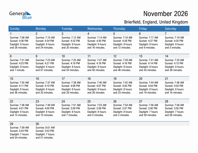 Brierfield November 2026 sunrise and sunset calendar in PDF, Excel, and Word