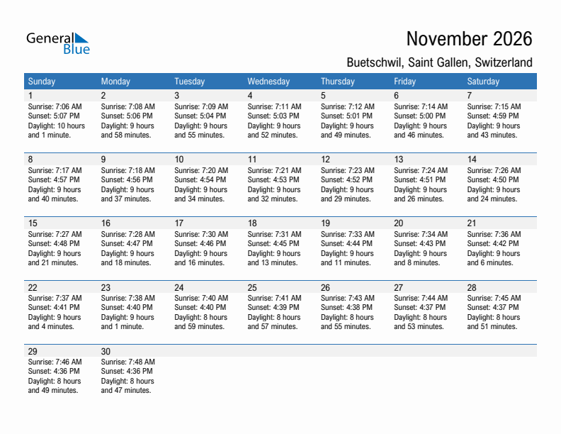 Buetschwil November 2026 sunrise and sunset calendar in PDF, Excel, and Word