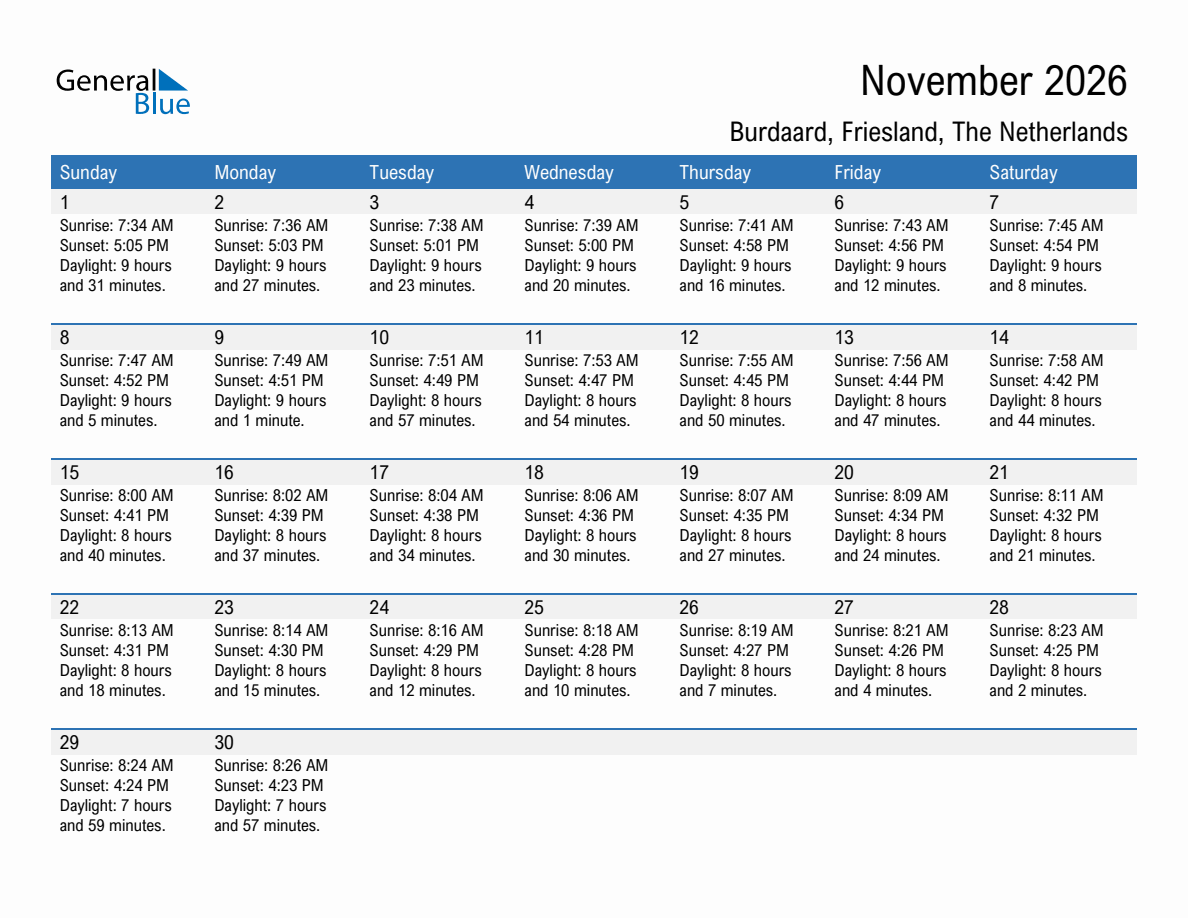 November 2026 sunrise and sunset calendar for Burdaard