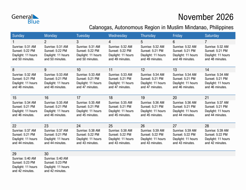Calanogas November 2026 sunrise and sunset calendar in PDF, Excel, and Word