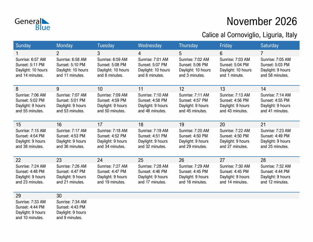 November 2026 sunrise and sunset calendar for Calice al Cornoviglio