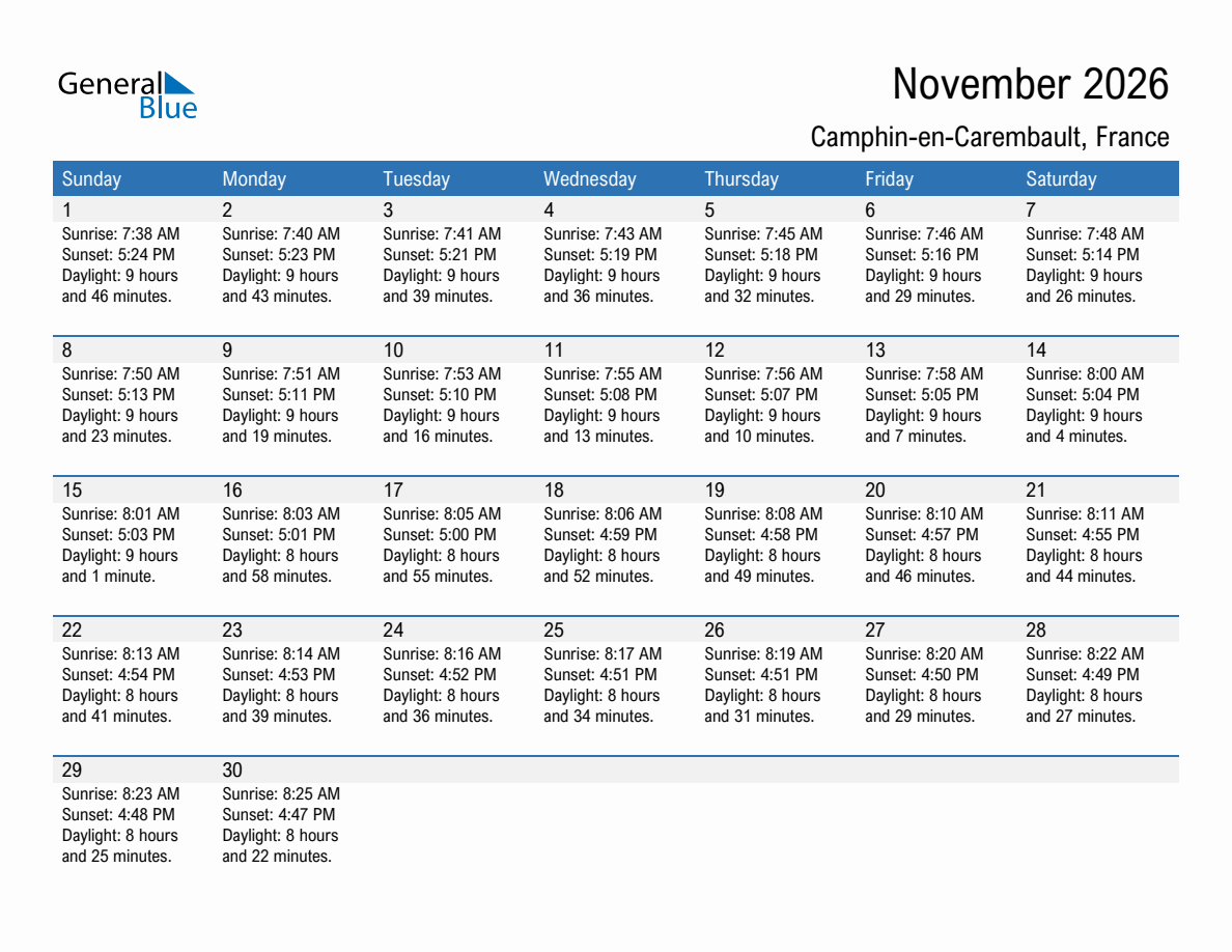 November 2026 sunrise and sunset calendar for Camphin-en-Carembault