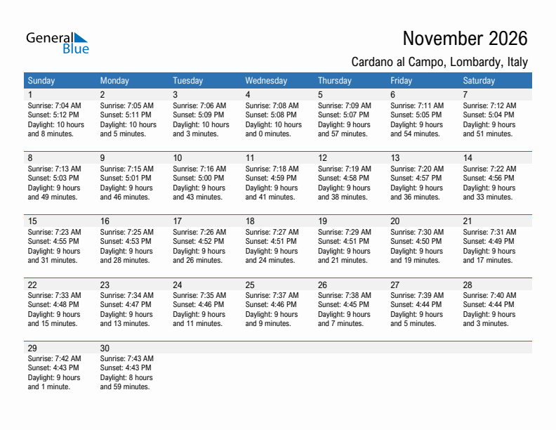 Cardano al Campo November 2026 sunrise and sunset calendar in PDF, Excel, and Word