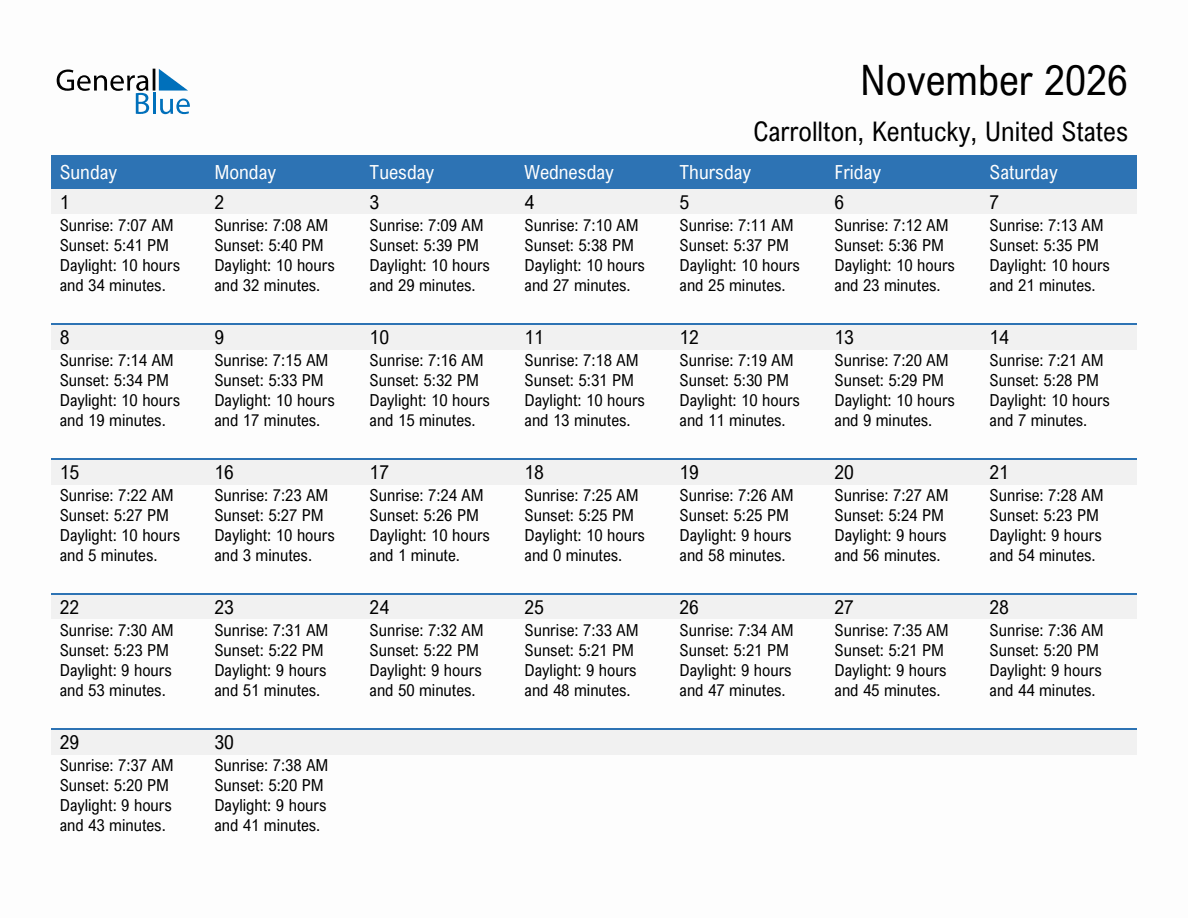 November 2026 sunrise and sunset calendar for Carrollton