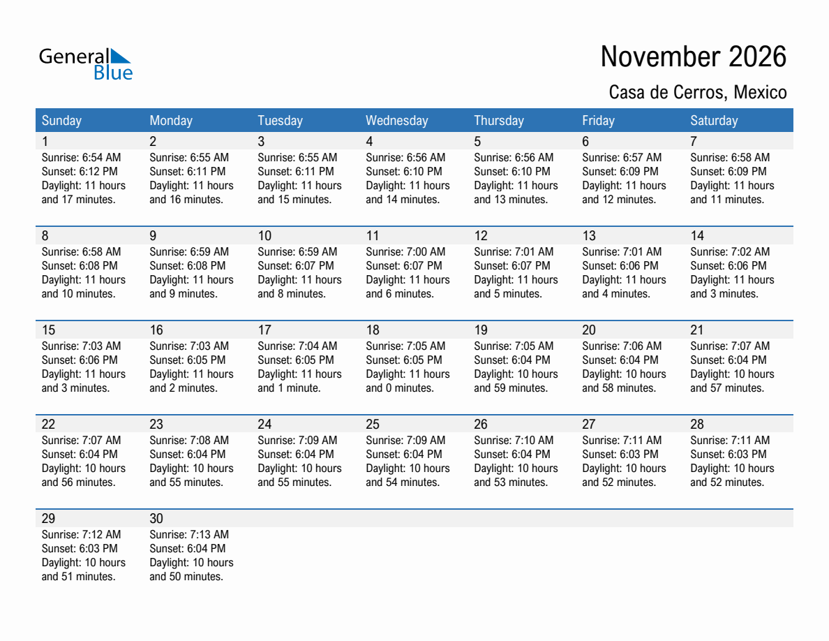 November 2026 sunrise and sunset calendar for Casa de Cerros
