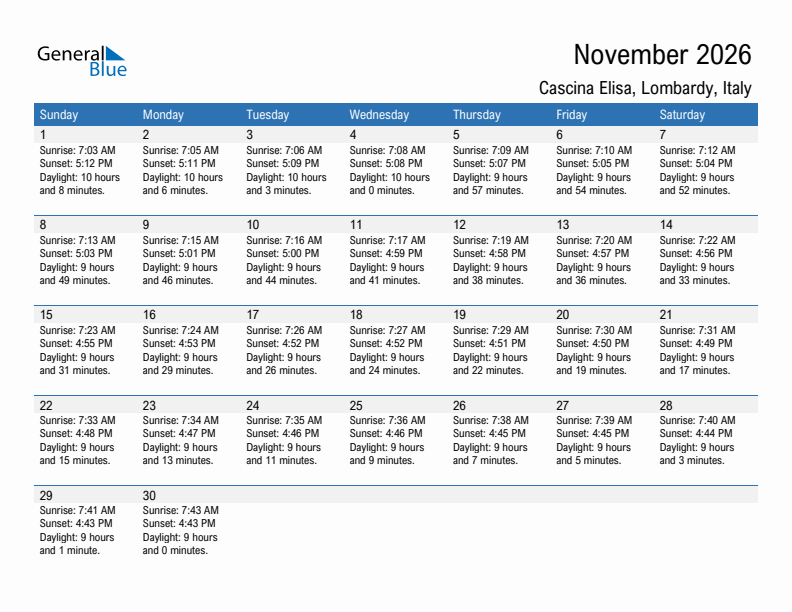 Cascina Elisa November 2026 sunrise and sunset calendar in PDF, Excel, and Word