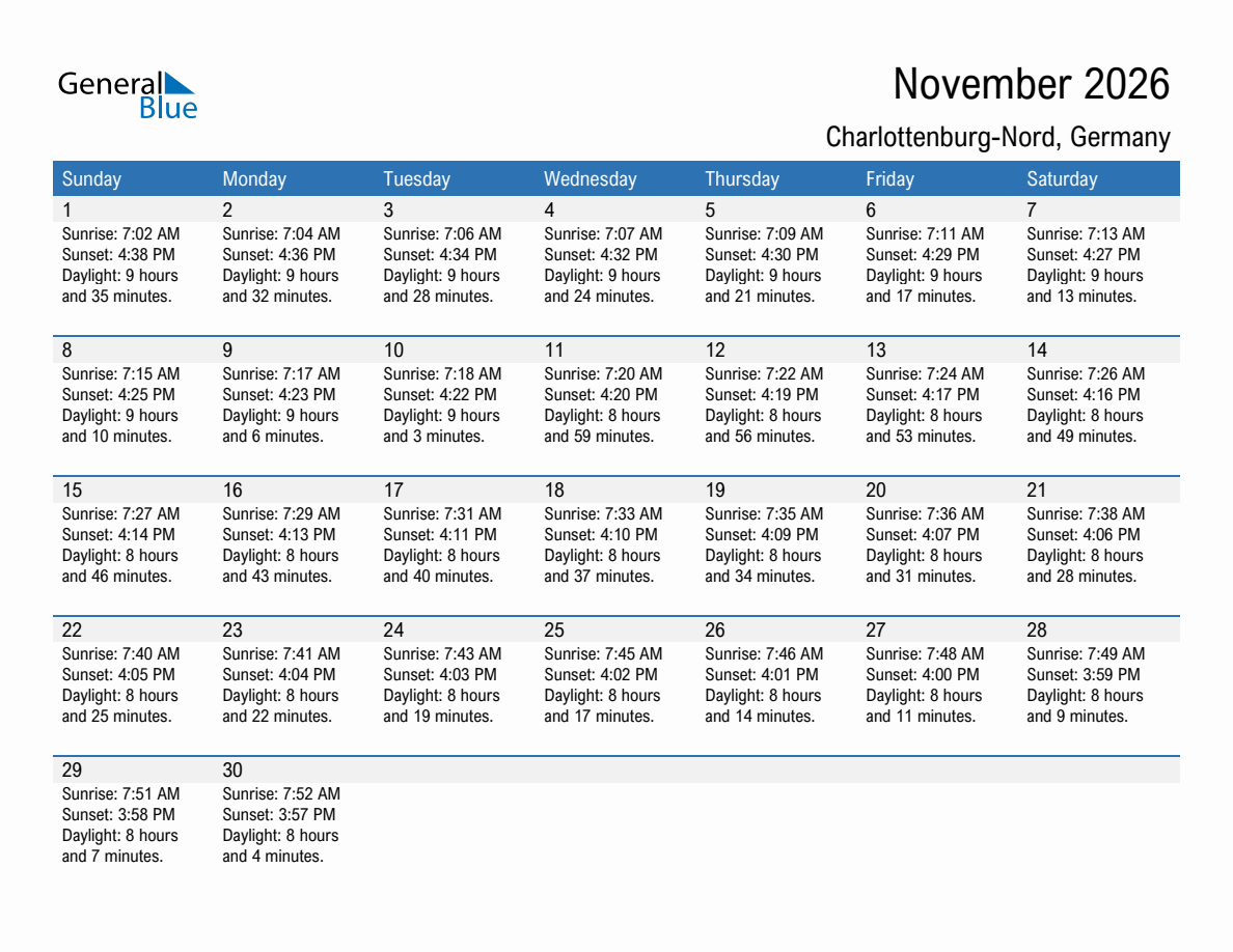 November 2026 sunrise and sunset calendar for Charlottenburg-Nord