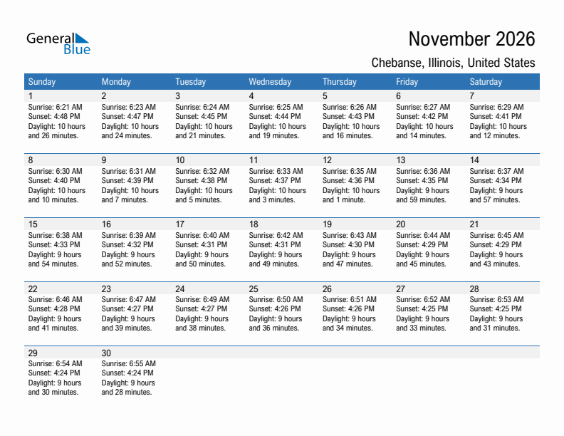 Chebanse November 2026 sunrise and sunset calendar in PDF, Excel, and Word