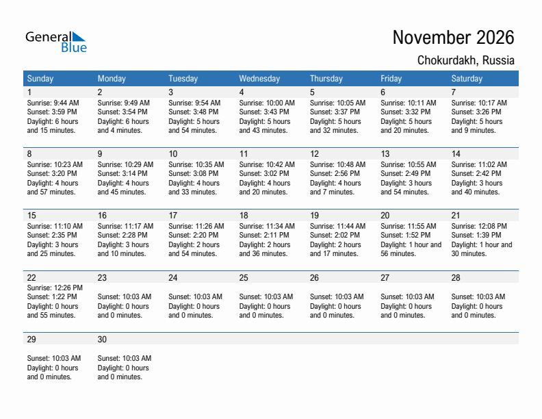 Chokurdakh November 2026 sunrise and sunset calendar in PDF, Excel, and Word