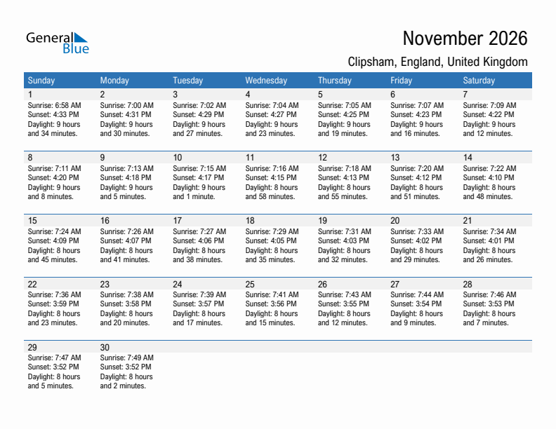 Clipsham November 2026 sunrise and sunset calendar in PDF, Excel, and Word