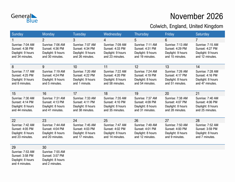 Colwich November 2026 sunrise and sunset calendar in PDF, Excel, and Word