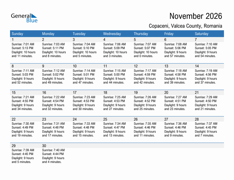 Copaceni November 2026 sunrise and sunset calendar in PDF, Excel, and Word
