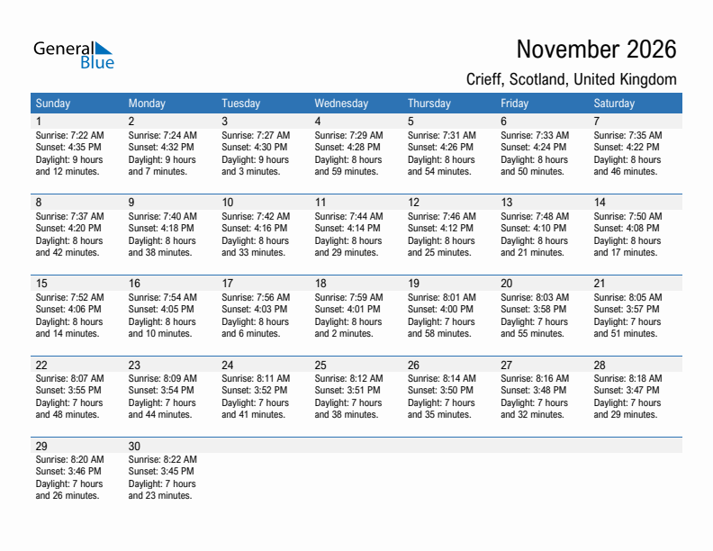 Crieff November 2026 sunrise and sunset calendar in PDF, Excel, and Word
