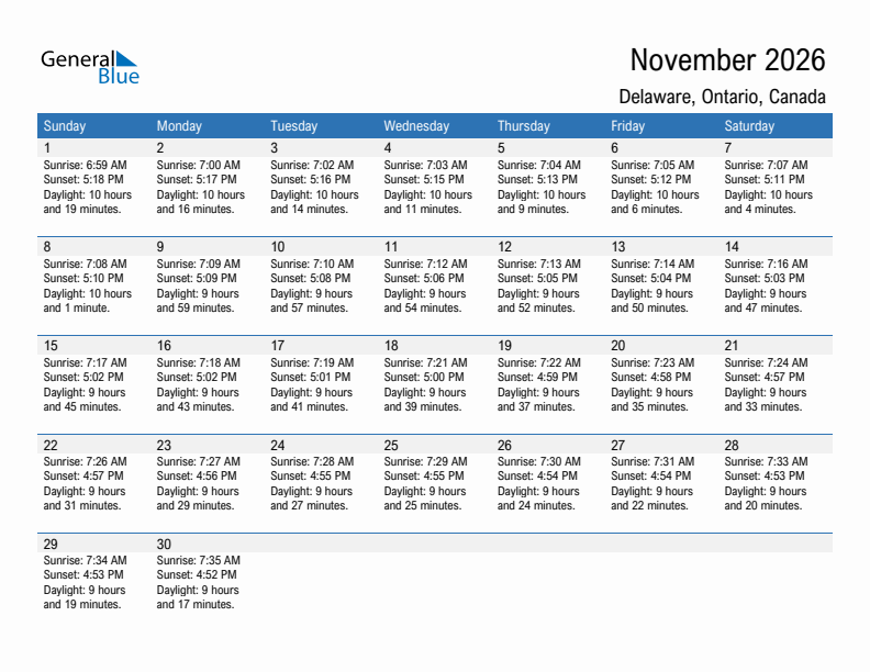 Delaware November 2026 sunrise and sunset calendar in PDF, Excel, and Word