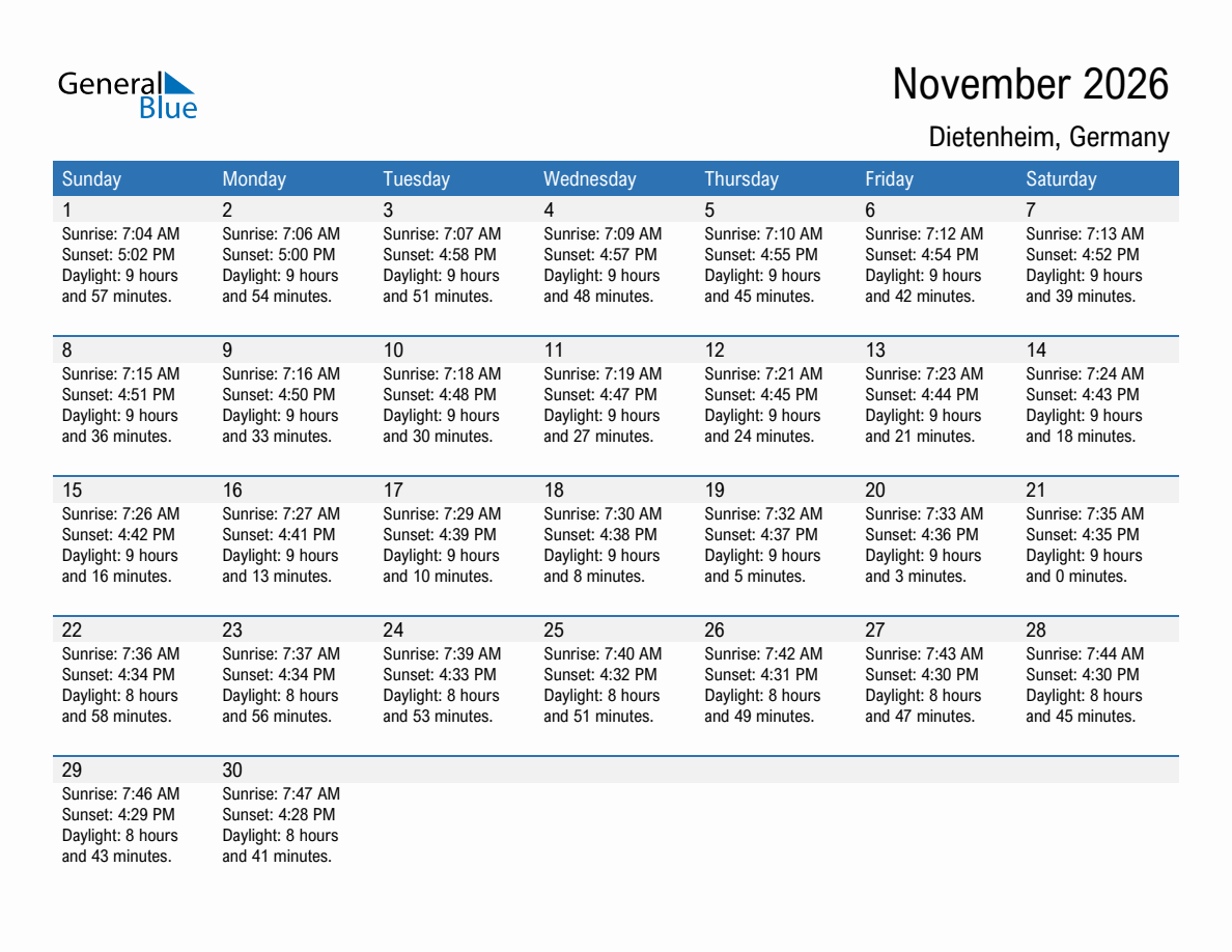 November 2026 sunrise and sunset calendar for Dietenheim
