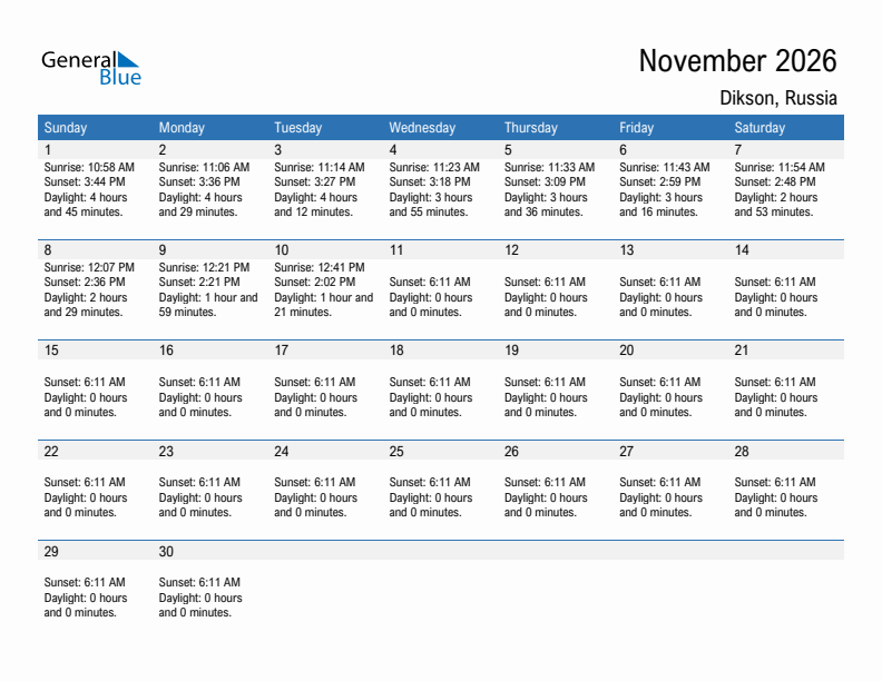 Dikson November 2026 sunrise and sunset calendar in PDF, Excel, and Word