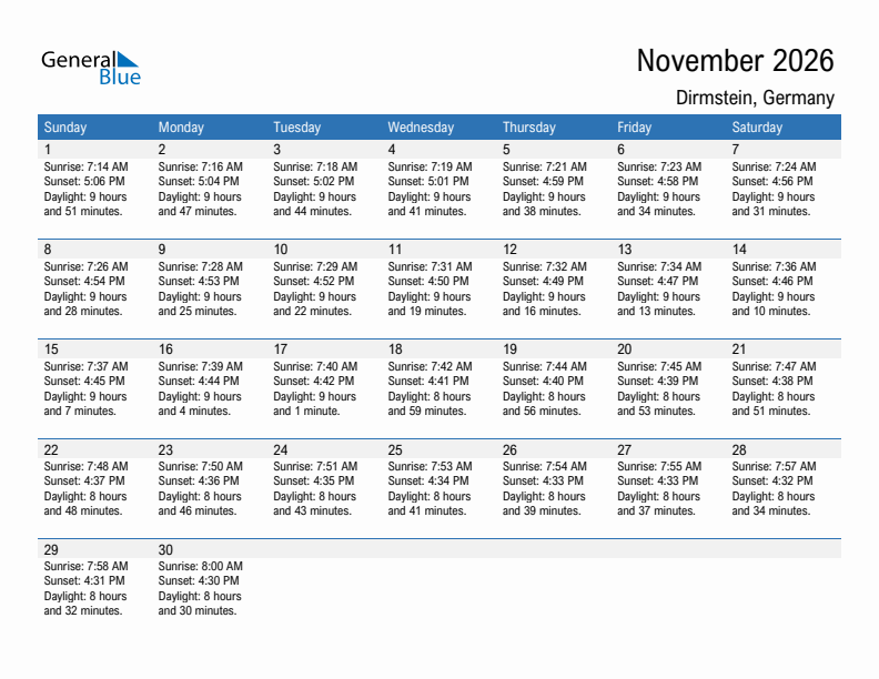 Dirmstein November 2026 sunrise and sunset calendar in PDF, Excel, and Word
