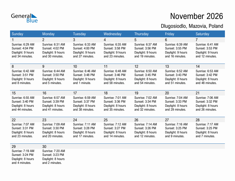 Dlugosiodlo November 2026 sunrise and sunset calendar in PDF, Excel, and Word