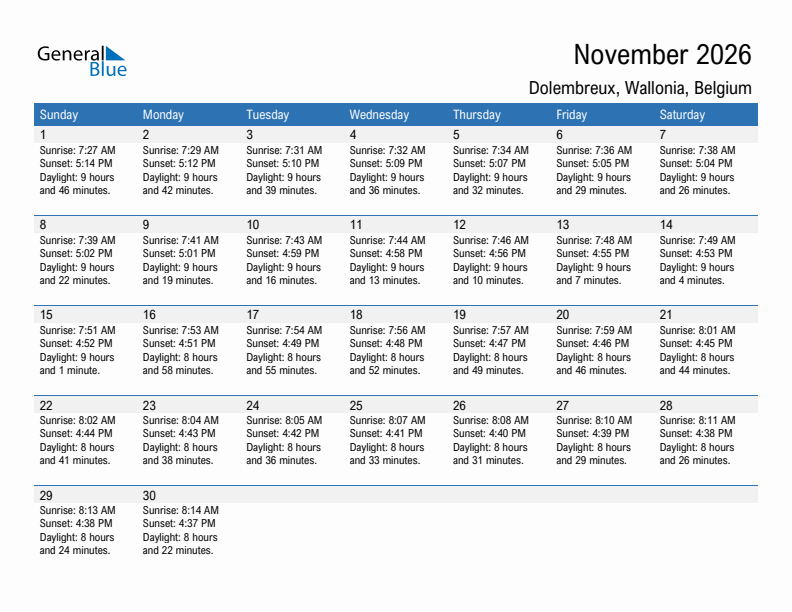 Dolembreux November 2026 sunrise and sunset calendar in PDF, Excel, and Word