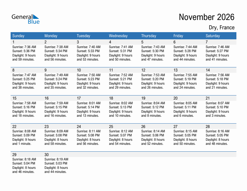 Dry November 2026 sunrise and sunset calendar in PDF, Excel, and Word
