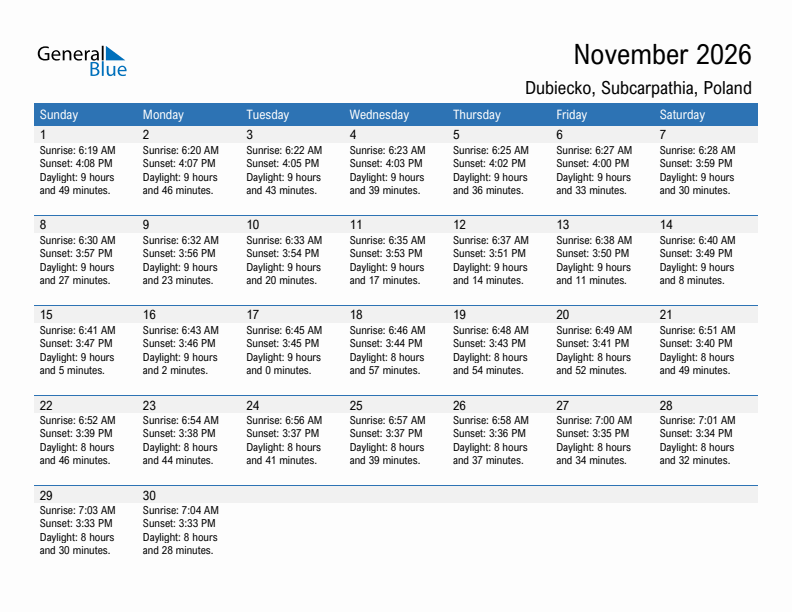 Dubiecko November 2026 sunrise and sunset calendar in PDF, Excel, and Word