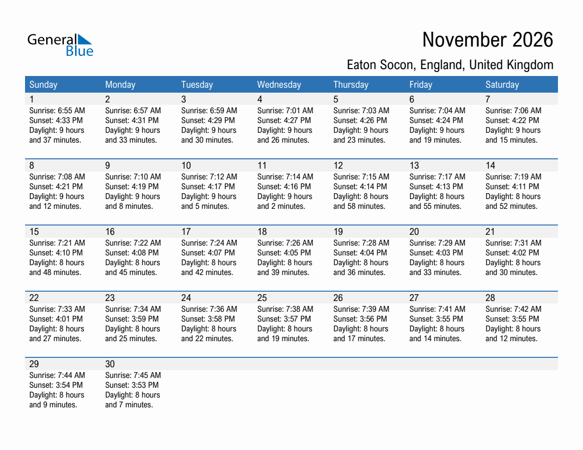 November 2026 sunrise and sunset calendar for Eaton Socon