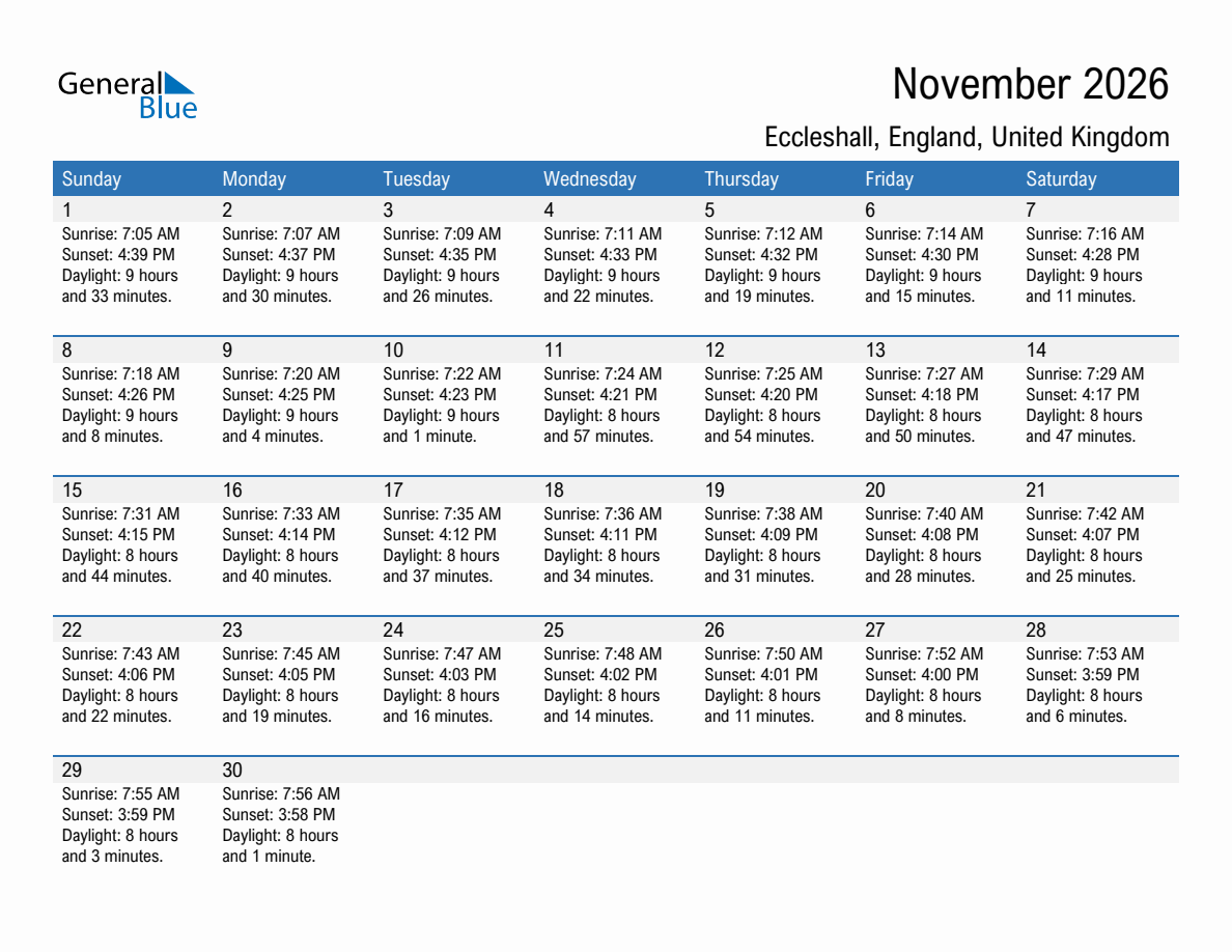 November 2026 sunrise and sunset calendar for Eccleshall