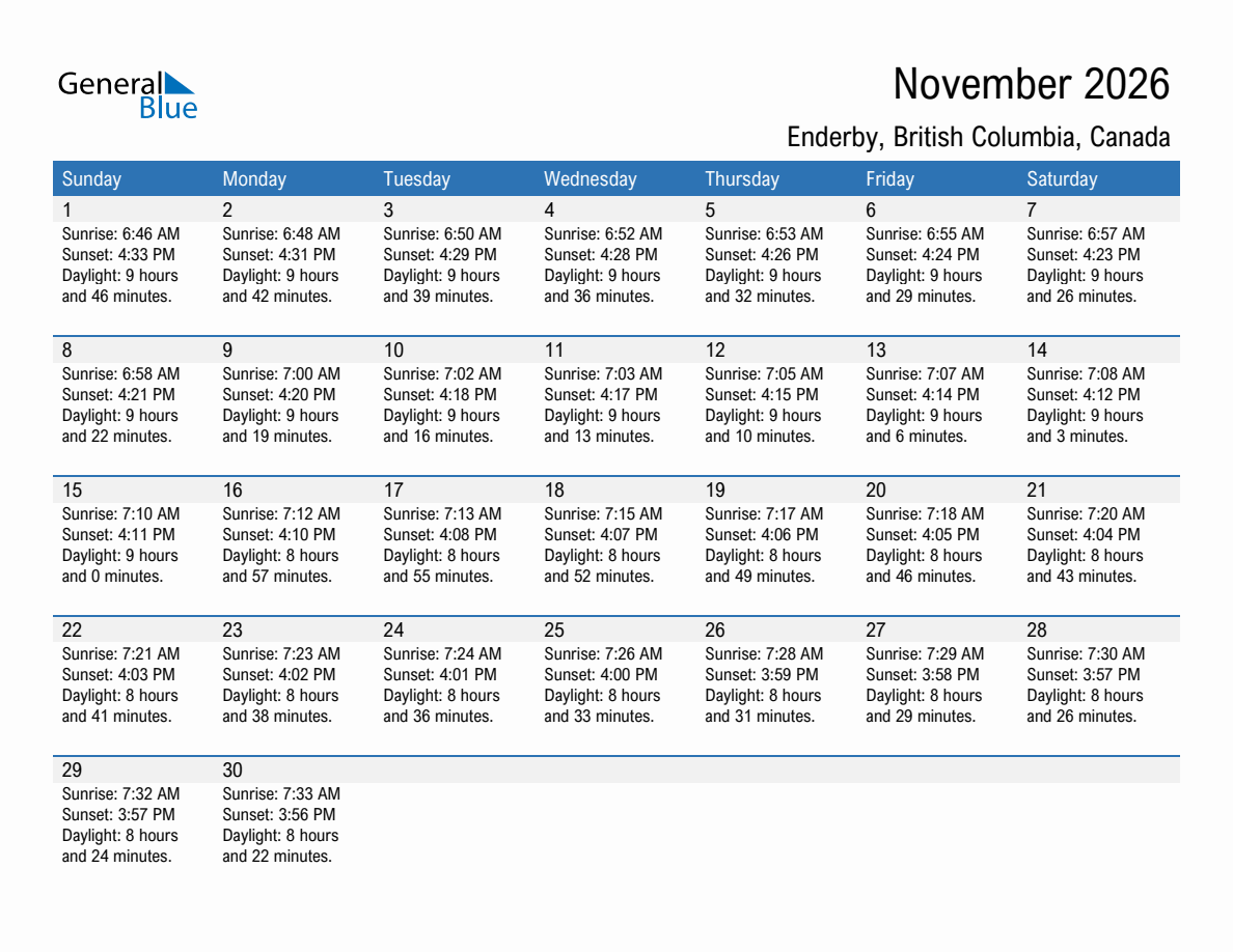 November 2026 sunrise and sunset calendar for Enderby