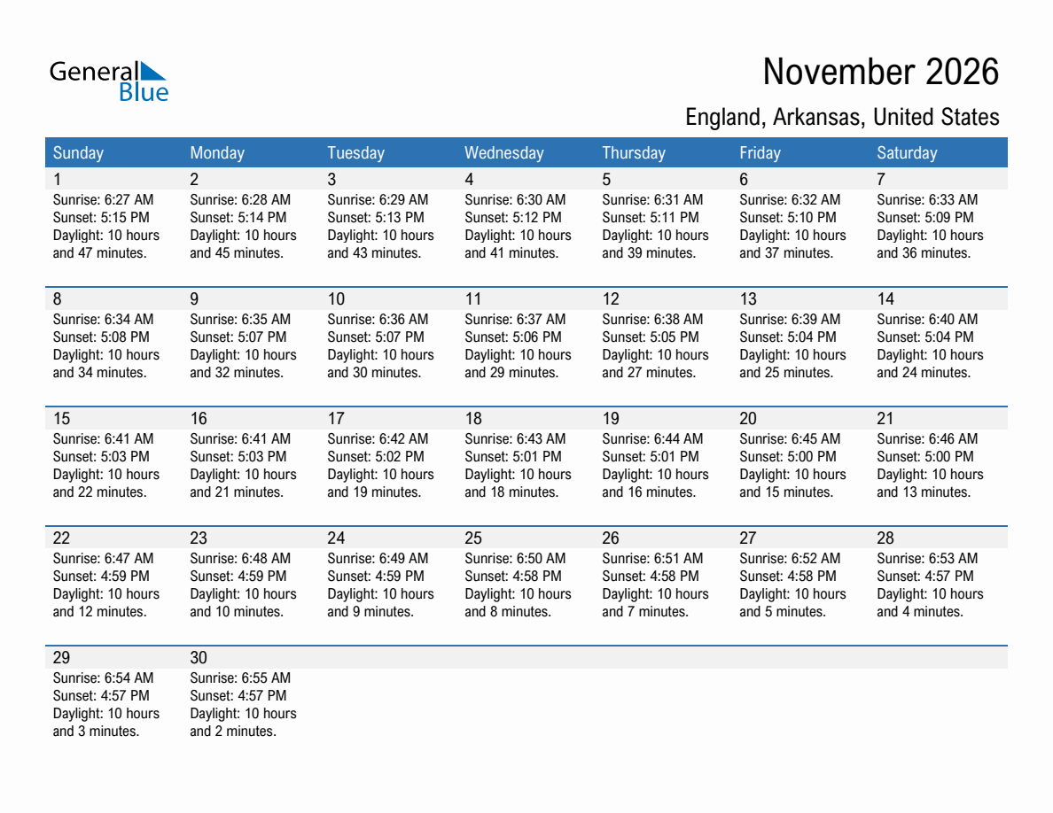 November 2026 sunrise and sunset calendar for England