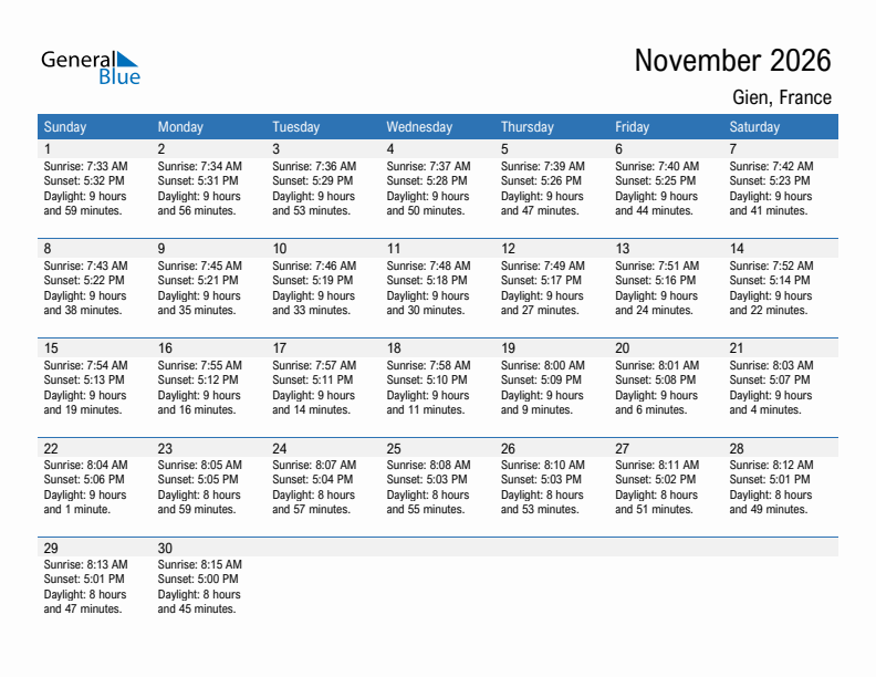 Gien November 2026 sunrise and sunset calendar in PDF, Excel, and Word