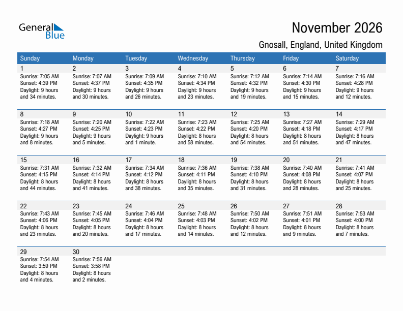 Gnosall November 2026 sunrise and sunset calendar in PDF, Excel, and Word