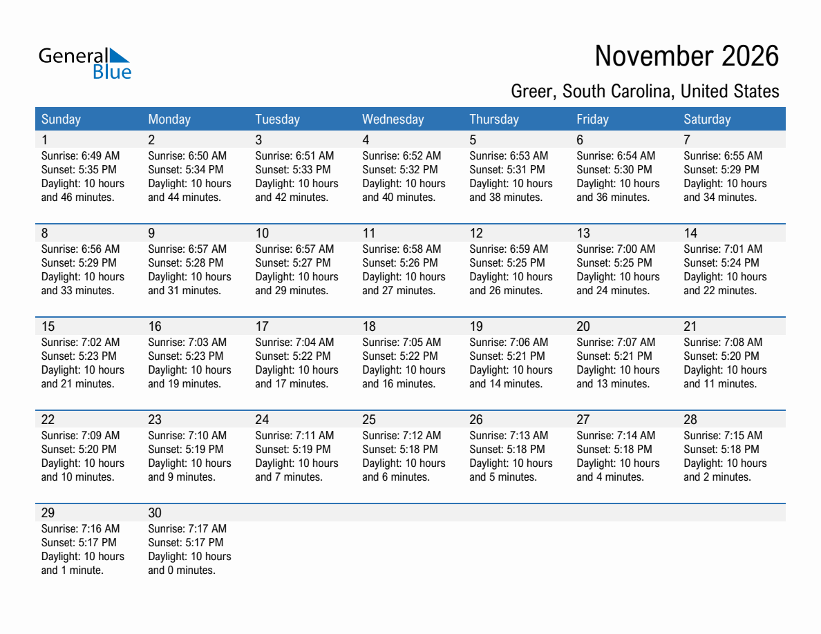 November 2026 sunrise and sunset calendar for Greer