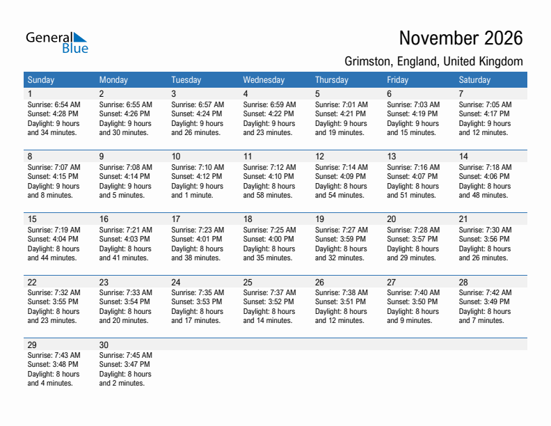 Grimston November 2026 sunrise and sunset calendar in PDF, Excel, and Word