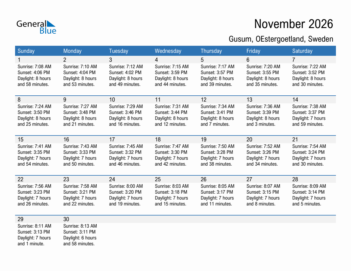 November 2026 sunrise and sunset calendar for Gusum